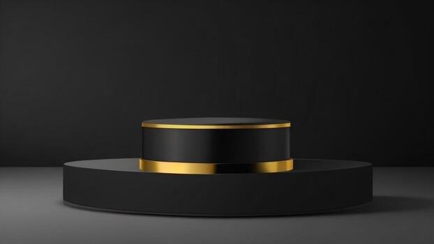 negro oro redondo podio para producto presentación en oscuro fondo, 3d hacer ai generado foto