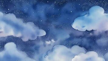 blue gradient watercolor illustration of a night sky with clouds and stars. Hand drawn ai generated photo