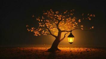 Beautiful autumn tree with a lantern at night ai generated photo