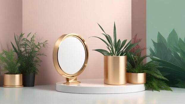 mínimo monitor podio para producto diseño, pedestal con redondo oro espejo, 3d hacer ai generado foto