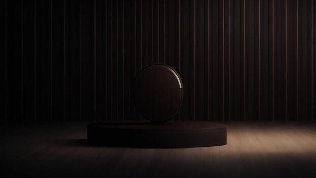 oscuro de madera podio para producto colocación en el oscuro habitación, 3d hacer ai generado foto