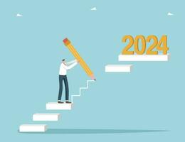 Strategic planning for achieving success in new year 2024, creative approach to solving unfinished business in outgoing year, setting business goals for coming year, man drawing missing steps to 2024. vector