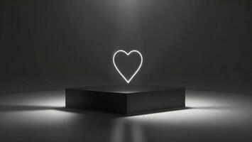 blanco neón corazón en negro podio, San Valentín día concepto, 3d hacer ai generado foto