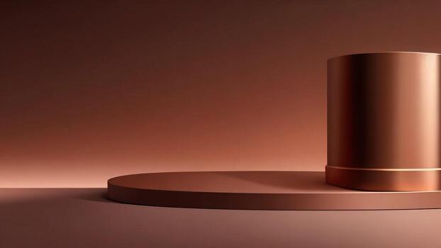 3d representación de un dorado bronce cilindro podio en un marrón antecedentes ai generado foto