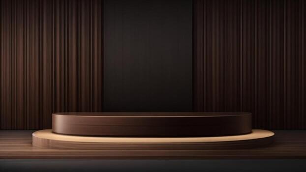 oscuro de madera antecedentes con podio para producto presentación, lujo minimalista diseño, 3d hacer ai generado foto