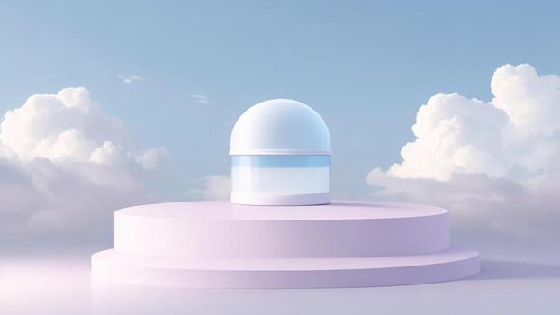 ligero púrpura podio en el cielo, nubes fondo, cosmético concepto, 3d hacer ai generado foto