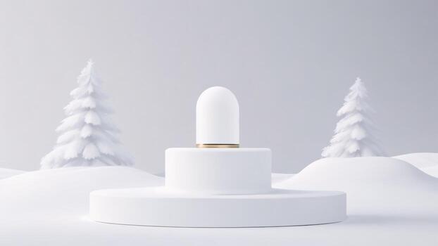 3d hacer de blanco podio con Navidad árbol y nieve ai generado foto