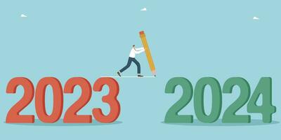 Positive attitude and motivation for success and business growth in new year 2024, overcoming obstacles and solving unfinished tasks and transition to the new year, man draws a line from 2023 to 2024. vector