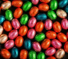 Colorful Easter eggs background. Chocolate Easter eggs texture. Top view photo