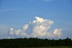 Beautiful thunderstorm landscape in the countryside. Thunderclouds and a horizon with a forest. photo