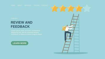 Vector illustration for website or web page with man climbs ladder with star to rating. Five star rating, positive service feedback, user experience, evaluation rank concept, user satisfaction rating.