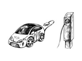 Hand-drawn black-and-white sketch of electro car and car charger. Realistic electromobile charging station. Alternative fuel. Doodle vector illustration. Vintage.
