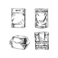 Hand-drawn sketch collection of paper lunch food craft box packages, paper zip package. Realistic isolated pack for take away breakfast or snack illustration. Vector illustration. Eco concept.