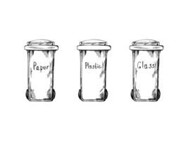 Set of hand-drawn black-and-white sketches of trash container for plastic, paper, glass. Segregate waste, sorting garbage, waste management. Retro vector outline illustration. Doodle.