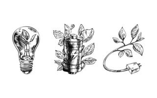 Hand-drawn sketch of leaves sprouting on battery,  electric ecology light bulb with leaf inside and leaf plug environment. Energy based on ecology saveing concept. Detailed doodle illustration. vector