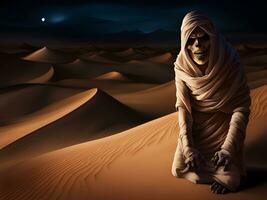 scary halloween background with ghost and dead man in desert. photo