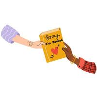 Two differnt hands holding a book..Read books lover. Relaxing time to reading. vector