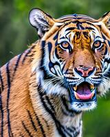 Photo closeup landscape shot of a Bengal Tiger with green grass