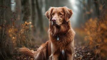 Brown Nova Scotia Duck Tolling Retriver dog sitting, relax and playing in the woods. AI Generated photo