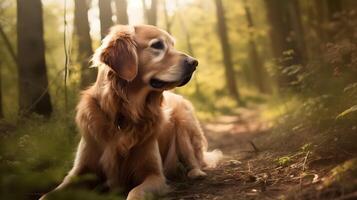 Brown Nova Scotia Duck Tolling Retriver dog sitting, relax and playing in the woods. AI Generated photo