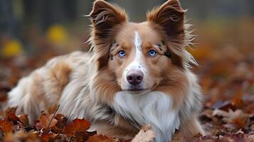 Brown white Australian Shepherd dog sit and relax in the field of autumn leaves at the nature blur background. AI Generated photo