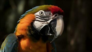 Close up portrait shot of beautiful blue yellow Macaw parrot bird head isolated on black. AI Generated. photo