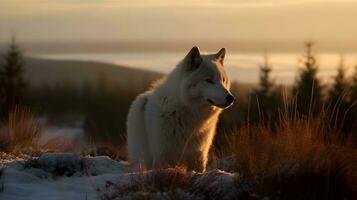 Arctic wolf observing in the bush nature background. AI Generated. photo