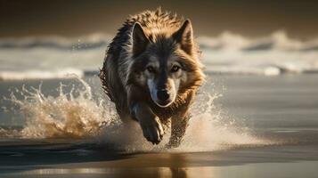 Wolf walking in the river side and getting wet. Wolf hunting his prey. AI Generated. photo
