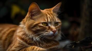 Exotic orange tabby cat breed pet sitting at the nature background. AI Generated. photo