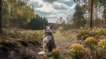 perro ver alguien o alguna cosa en el bosque. perro Guardia el área. perro buscar y rescate concepto imagen. ai generado. foto