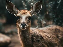 Close up of red deer in the nature looking at the camera. AI Generated. photo