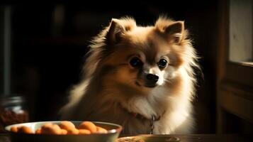 cerca arriba de un linda blanco marrón pomeranio perro sentar en el silla cena mesa preguntando para algunos alimento. ai generado. foto