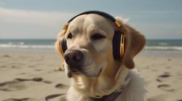 Close up beautiful white golden retriever dog wear a headphone and enjoying the music, looking and staring at something at the beach background. AI Generated photo