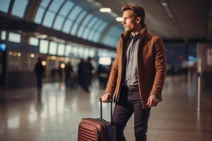 A business traveler boarding at an airport gate photo