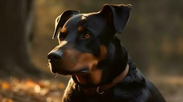 Close up strong black rottweiler dog sit, stare and looking at something, nature background. AI Generated photo