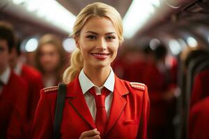 AI generated stewardesses walk gracefully through the cabin photo