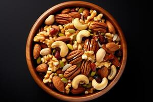 Top view of nut mix in bowl on black background AI Generative photo