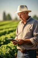 Thoughtful elderly man farmer standing with tablet computer in front of farm AI generated photo