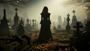 A spooky night, one person walks among tombstones in darkness generated by AI photo