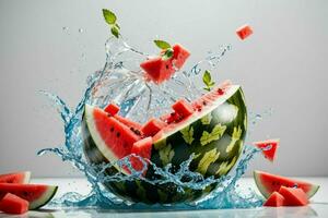 Water splash on a watermelon fruit. AI Generative Pro Photo