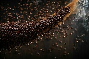 Flying coffee beans in smoke. AI Generative Pro Photo