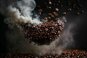 Flying coffee beans in smoke. AI Generative Pro Photo