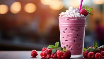 Refreshing summer milkshake with raspberry, strawberry, and chocolate ice cream generated by AI photo