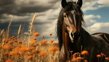 hermosa caballo pasto en un pacífico prado a puesta de sol generado por ai foto