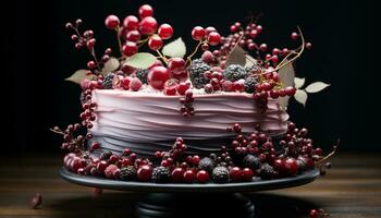 Gourmet berry fruit dessert, chocolate indulgence, homemade cheesecake, fresh nature generated by AI photo
