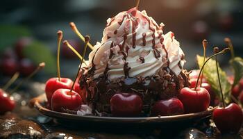 Freshness and sweetness on a plate, indulging in homemade chocolate dessert generated by AI photo