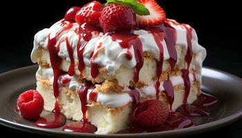 Freshness and sweetness on a plate, a gourmet strawberry dessert generated by AI photo