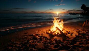 Flaming campfire burns at dusk, reflecting beauty in tranquil nature generated by AI photo