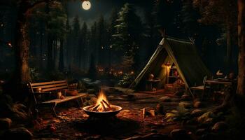 Camping in the dark forest, firewood burning, autumn adventure begins generated by AI photo