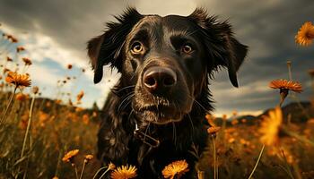 A cute puppy sitting in the grass, looking at the camera generated by AI photo